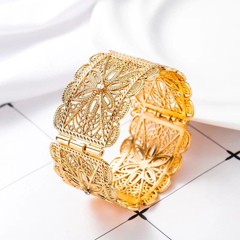 Retro Filigree Flower Cuff Golden Plated Wide Bangle Ethnic Jewelry For Daily Special Occasions