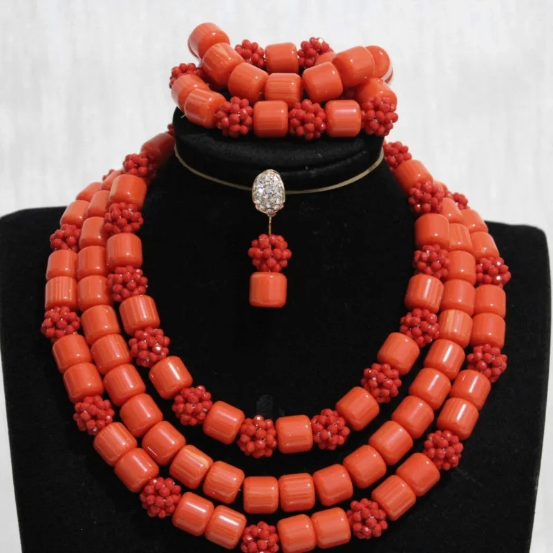 Dudo African Artificial Coral and Crystal Bead Balls Fashion Designer Necklace Set With Bracelet and Earrings 3 Layers Dubai Set