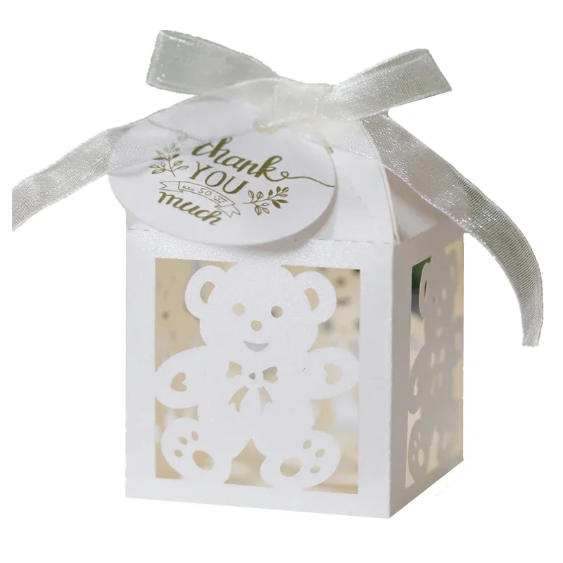 25/50/100pcs Candy Boxes for Baby Shower Birthday with Thank You Tags Ribbons Cute Bear Packaging Box for Chocolate Party Decor