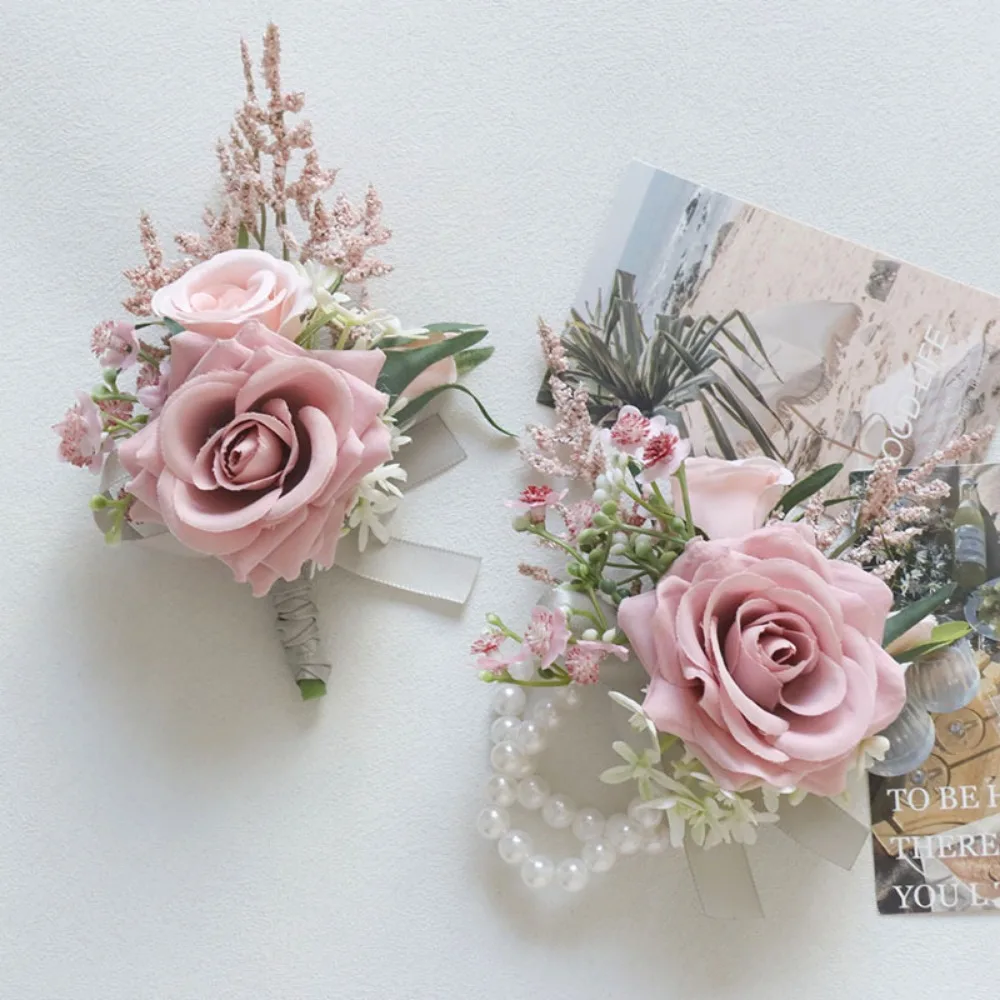 Boutonniere for Bridegroom and Corsage for Bride Wedding Couple Bridesmaid Flowers Bracelet Wedding Accessories Pink