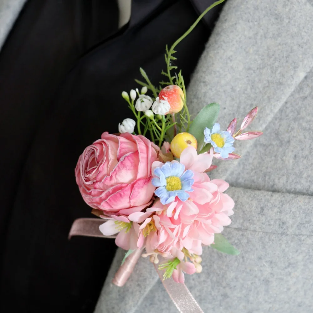 European style Pink Boutonniere for Groom бутоньерка для жениха бутоньерка свадебная Corsage Flower for Wedding Accessories