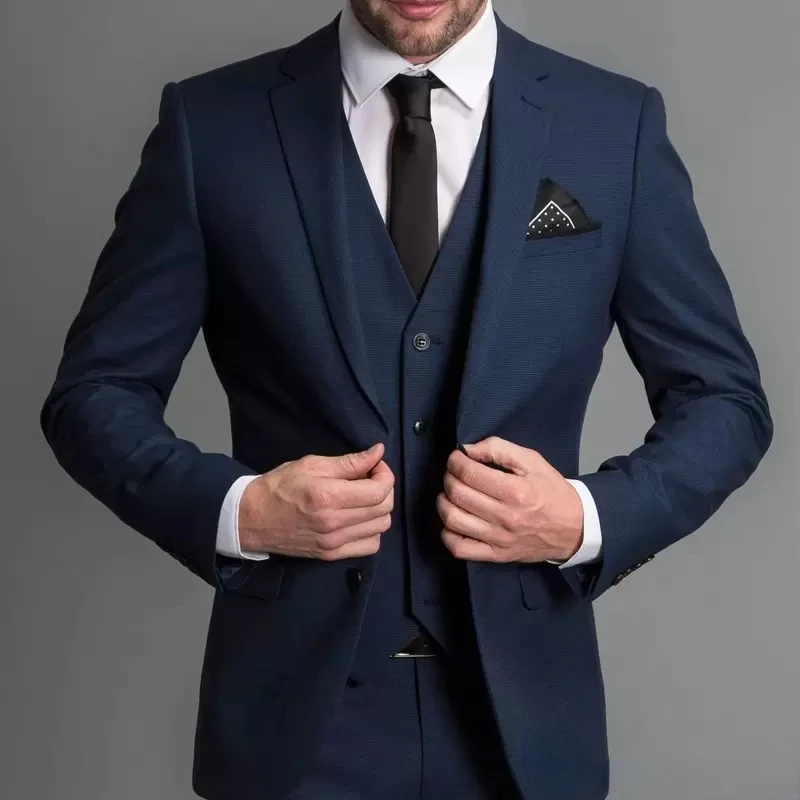 Navy Blue Male Suits Slim Fit Notched Lapel Wedding Tuxedos 3 Piece Sets Tailor Made Business Mens Costume (Blazer+Pants+Vest)