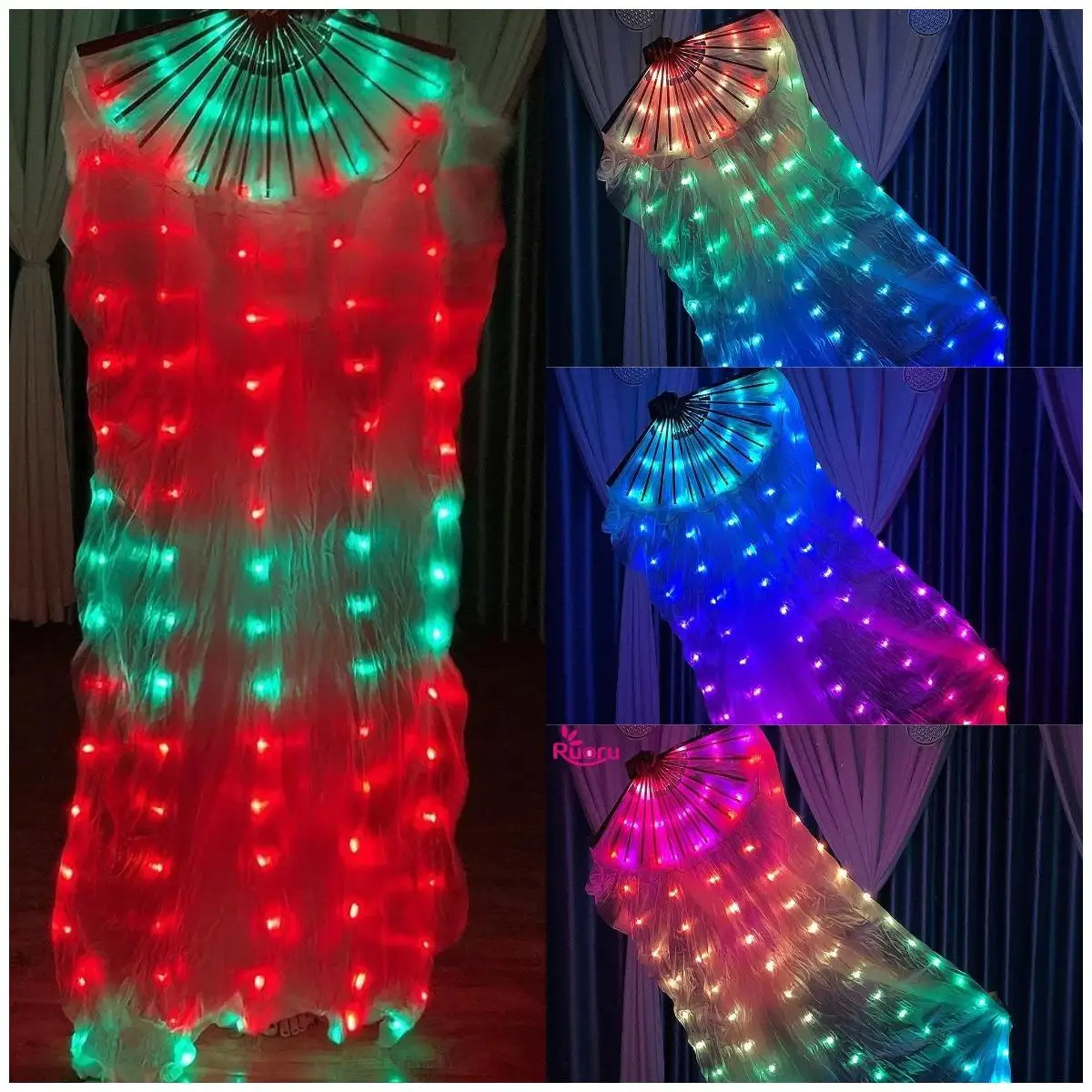 Ruoru Colorful 100% Silk Belly Dance Fan Veil Belly Dancing Carnival Dance Fan Led Lumminous Fans for Dancing Party Wedding