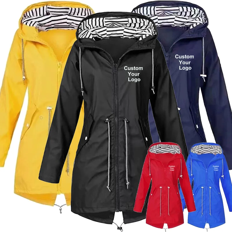 Autumn Winter Women's Custom Your Logo Raincoat Waterproof Jacket Outdoor Climbing Hooded Coat Windbreaker Long Hooded Coat