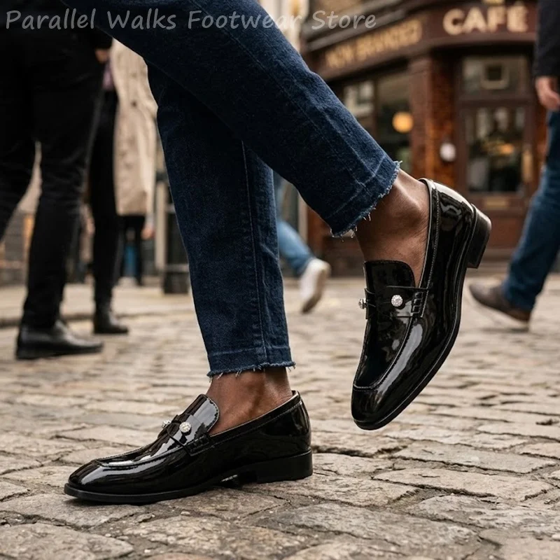 Men Black Patent Faux Suede Rhinestone Loafers Slip On Dress Shoes Crystal Smart Casual Tuxedo Wedding Party Evening Dress Shoes