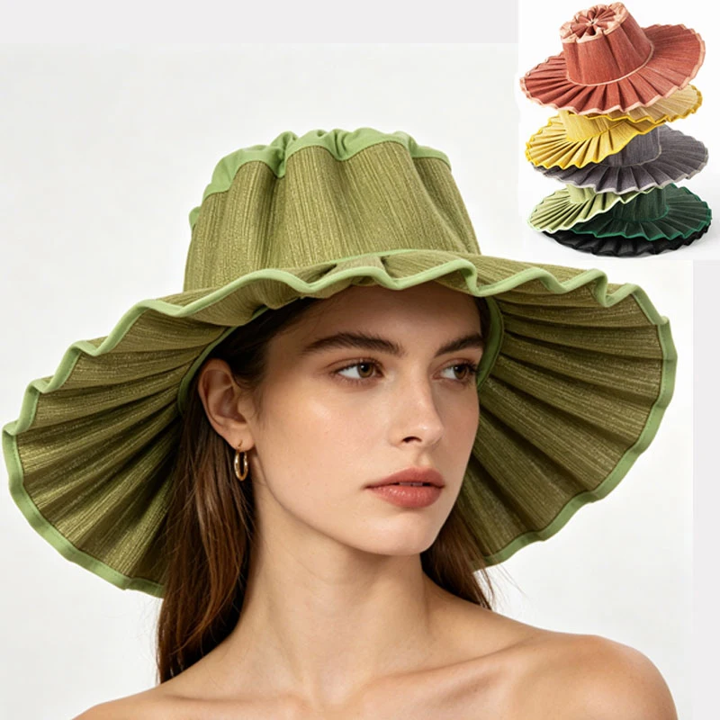 Foldable Pleated Straw Sun Hat Women's Waterproof Summer Cap Colorful Fashion Hat for Outdoor Travel Beach Vacation Shopping