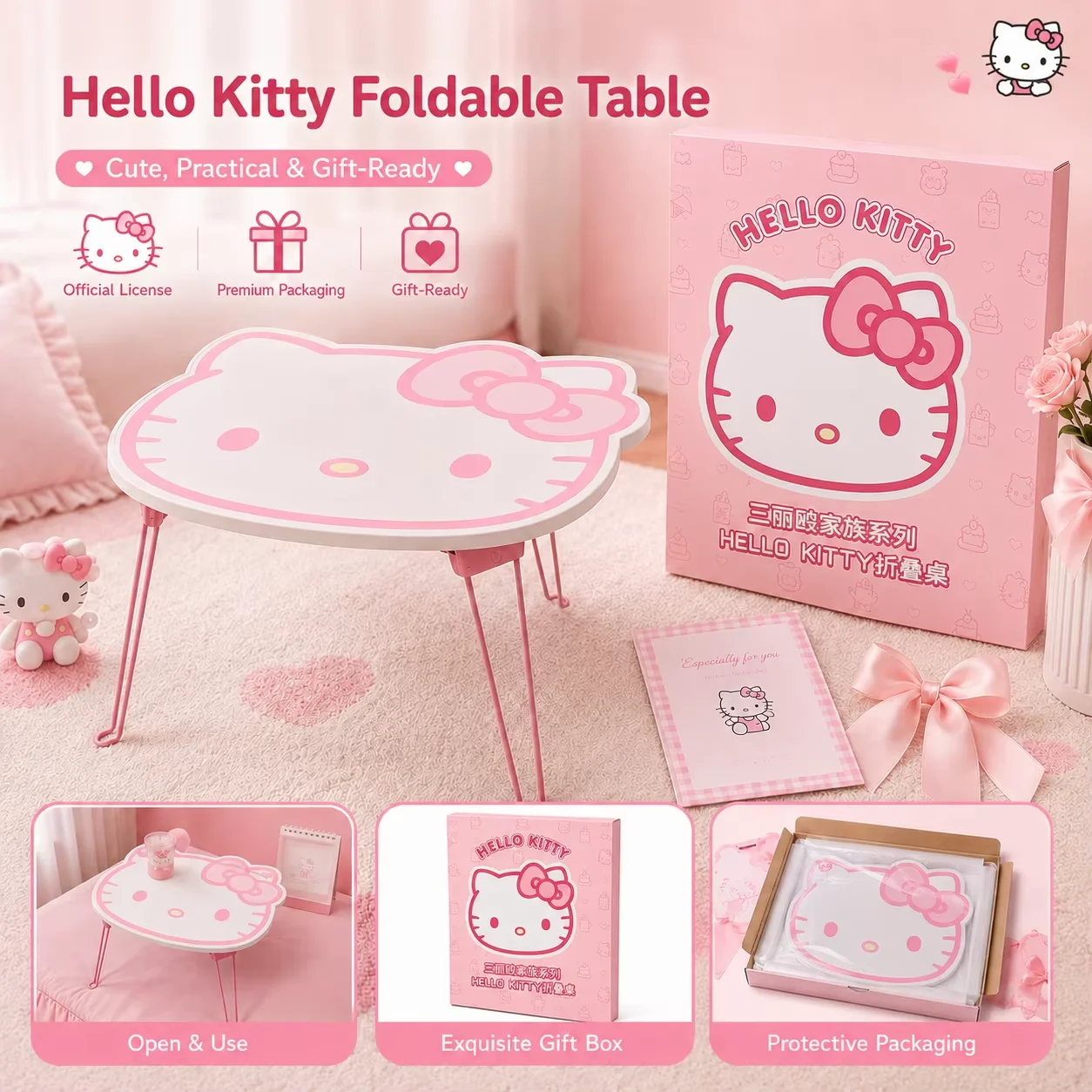 Sanrio Pink Hello Kitty Foldable Table Portable Outdoor Picnic Table Dorm Desk Bedroom Lap Table Car Travel Window Sill Table