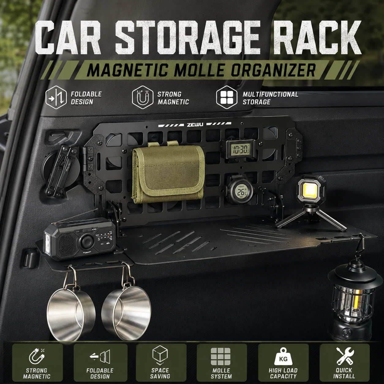 Tactical Car Storage Rack Magnetic MOLLE Foldable Shelf SUV Side Organizer Camping Table Off-Road Gear Holder