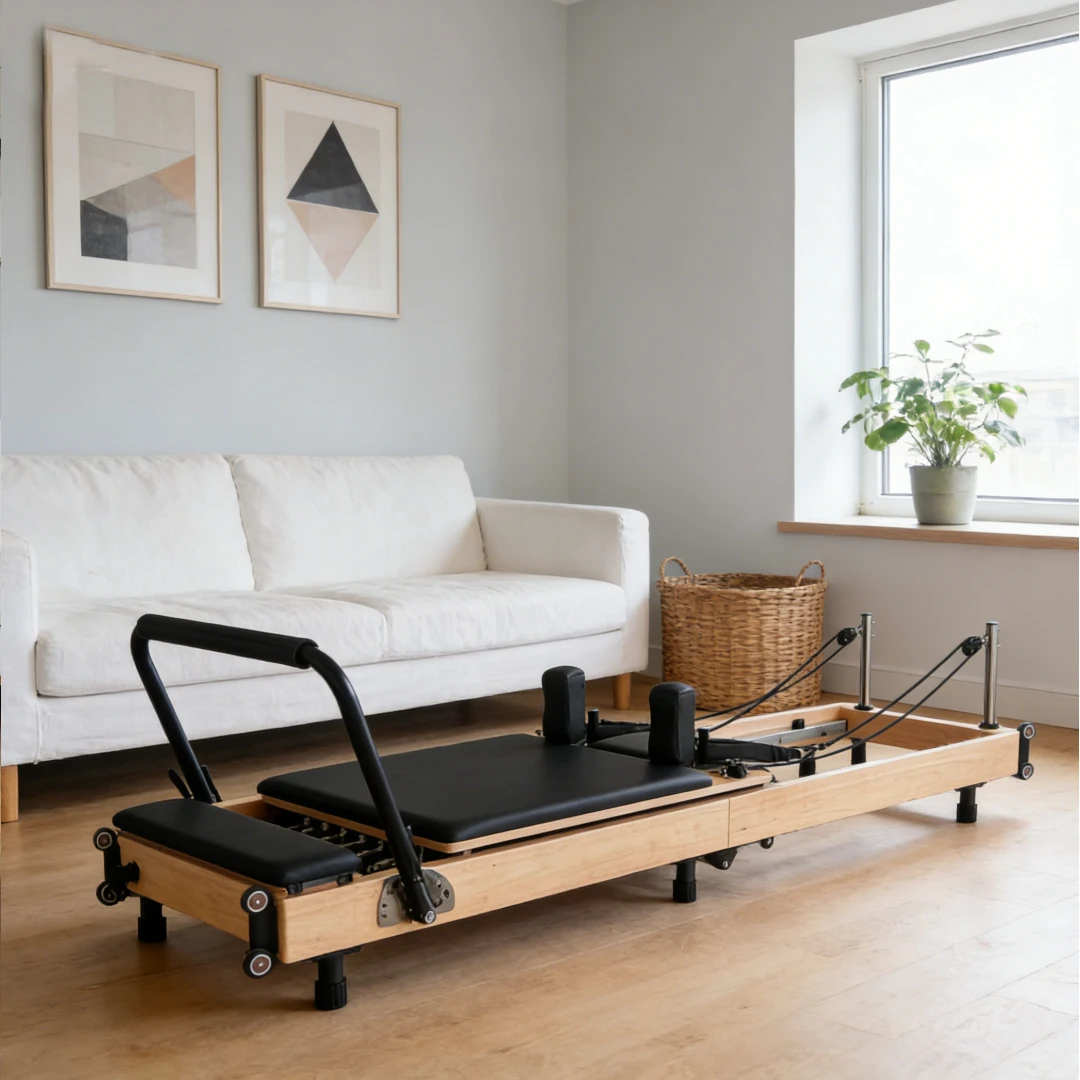 Space-Saving Foldable Oak Pilates Reformer with Tower & Jumpboard for Home Gym