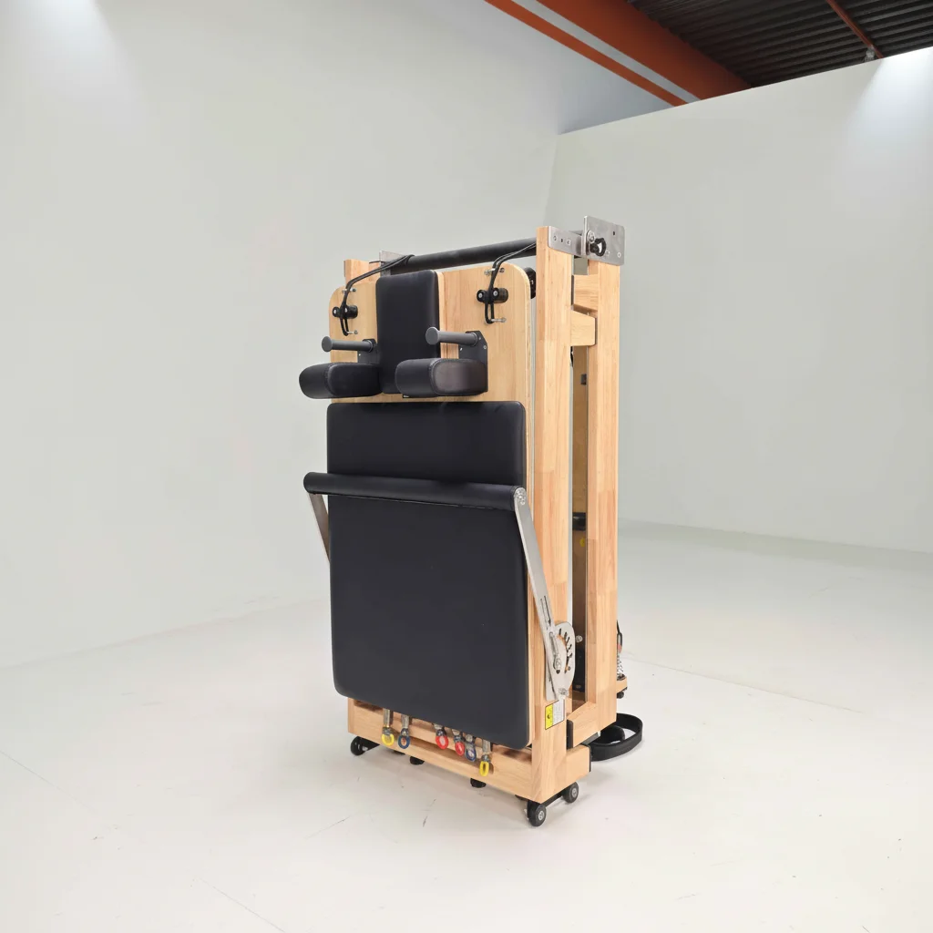 Commercial Foldable Oak & Aluminum Pilates Reformer for Studio