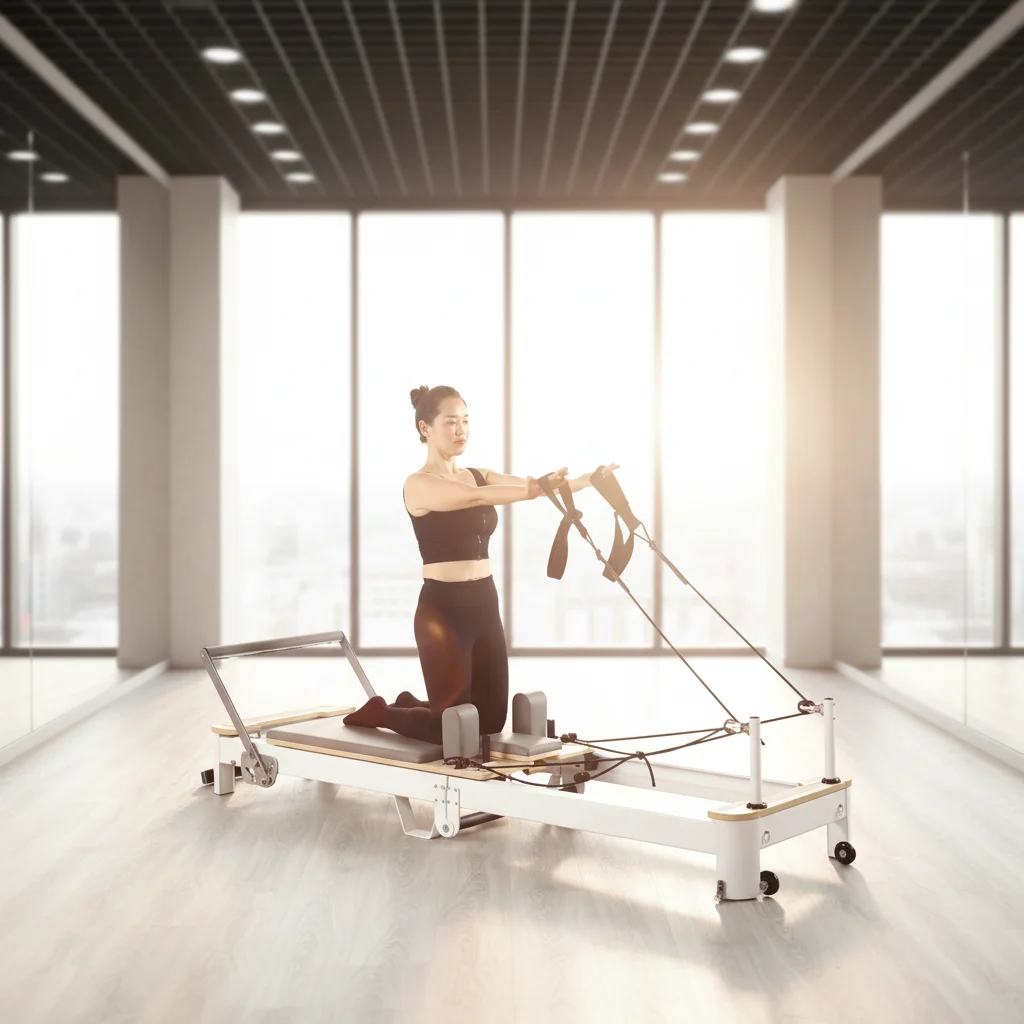 Oak Pilates Reformer, White Aluminum Foldable, Space-Saving for Home & Studio