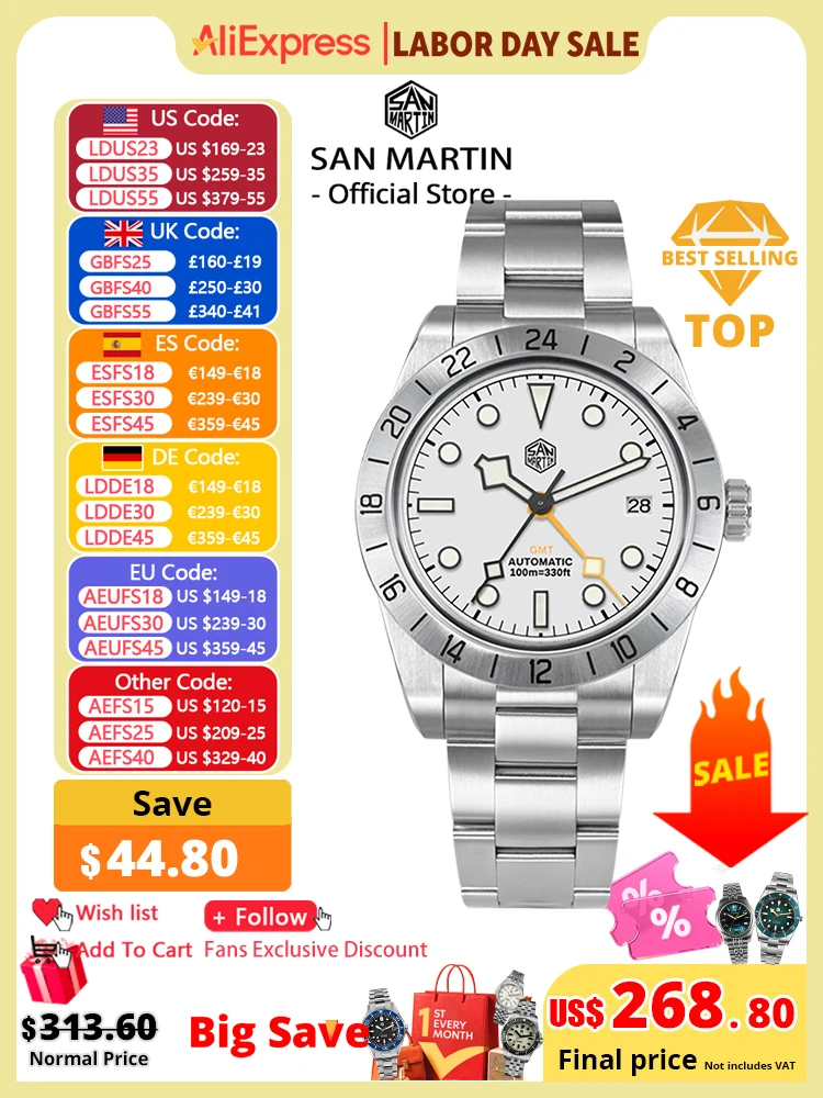San Martin New 39mm NH34 BB GMT Automatic Mechanical Watch Sport Watch Sapphire Luminous Waterproof 100m for Men Relogio SN0054