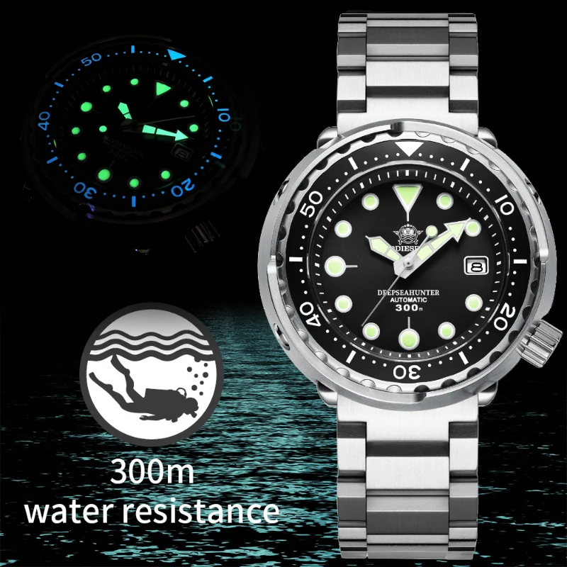 ADDIESDIVE Men's Mechanical Watch C3 Luminous 300m Waterproof Sapphire NH35 Automatic Wristwatch Steel Tuna Diver's Watches
