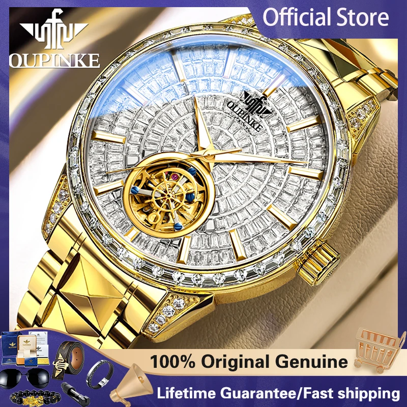 OUPINKE 3321 Automatic Mechanical Watches Full Diamond Dial Sapphire Crystal 50M Waterproof Tungsten Steel Luxury Business Watch