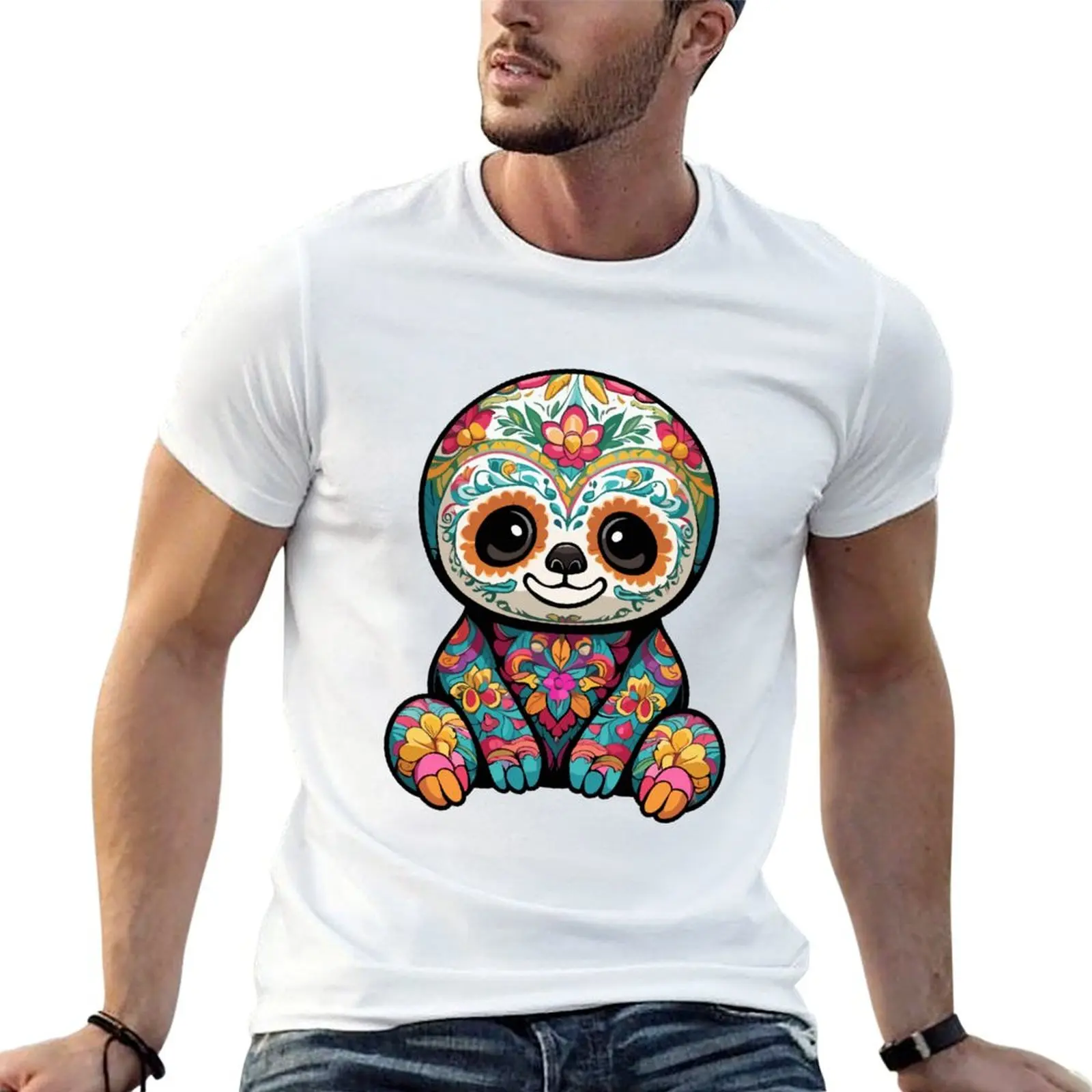 Sloth Mexico Sugar Skull Dia De Muertos T-Shirt Basic Simple Design Short Sleeve Shirt