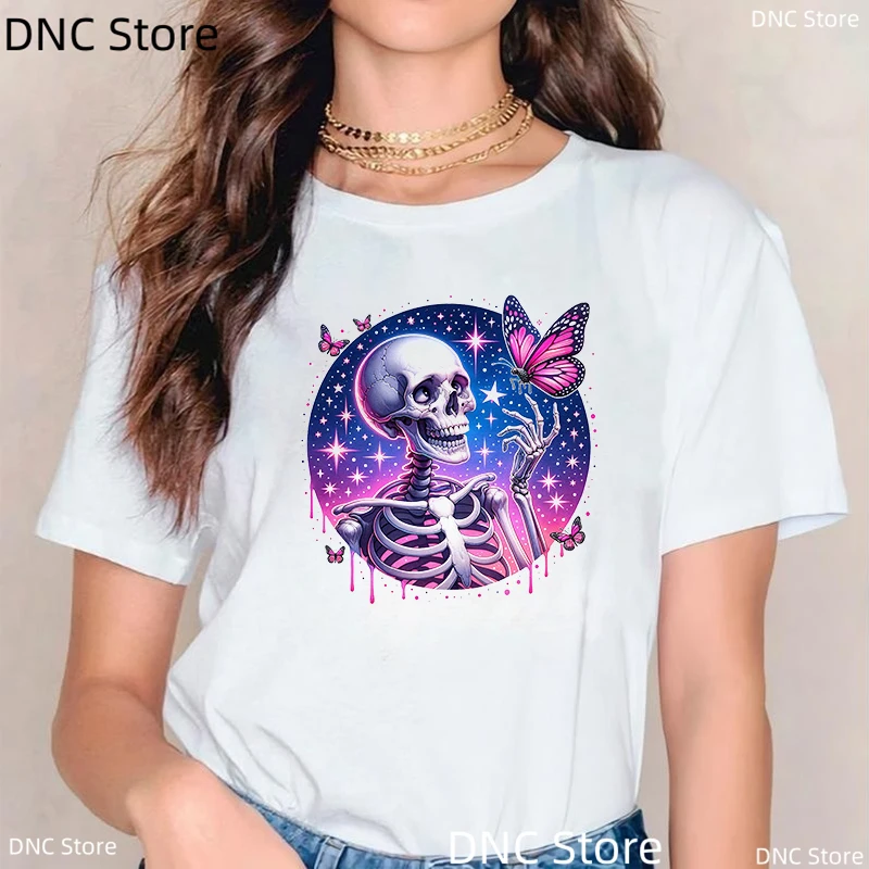 Halloween Butterfly Skull Printed Pattern T-Shirt Women'S Fashion Short Sleeved Sweet And Cute T-Shirt Top Casual O-Neck Tshirt