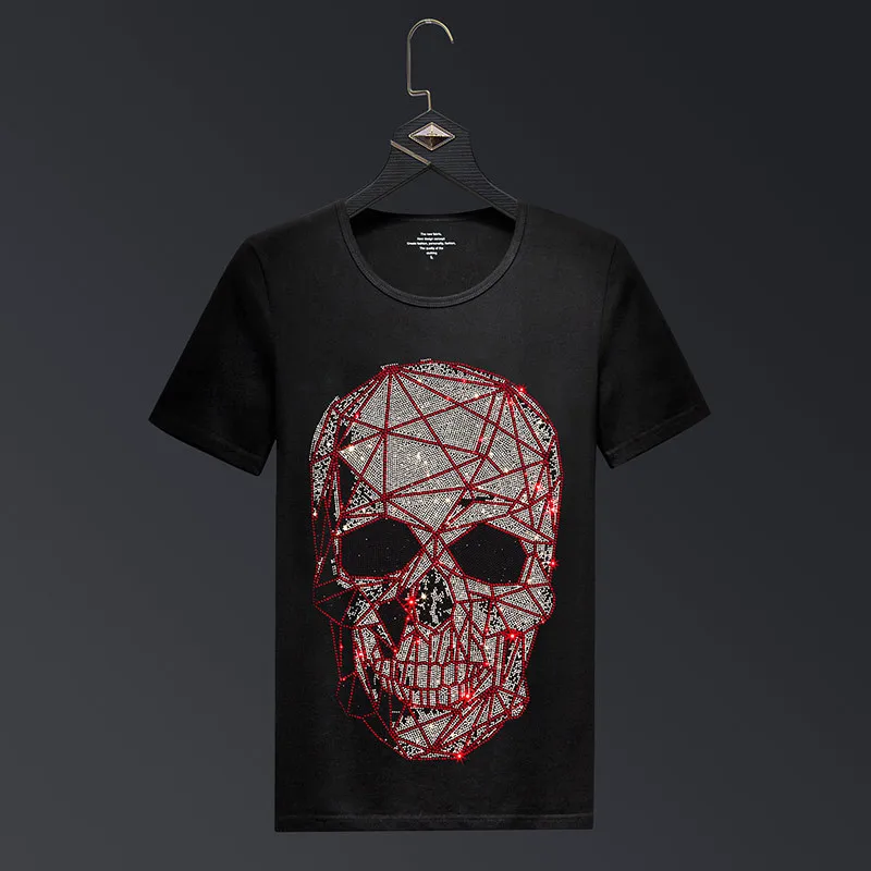 Plus Size 2025 Fashion Skull Rhinestones T Shirts Men Brand Short Sleeve Man Streetwear O Neck Slim Tshirts Calaveras Camiseta