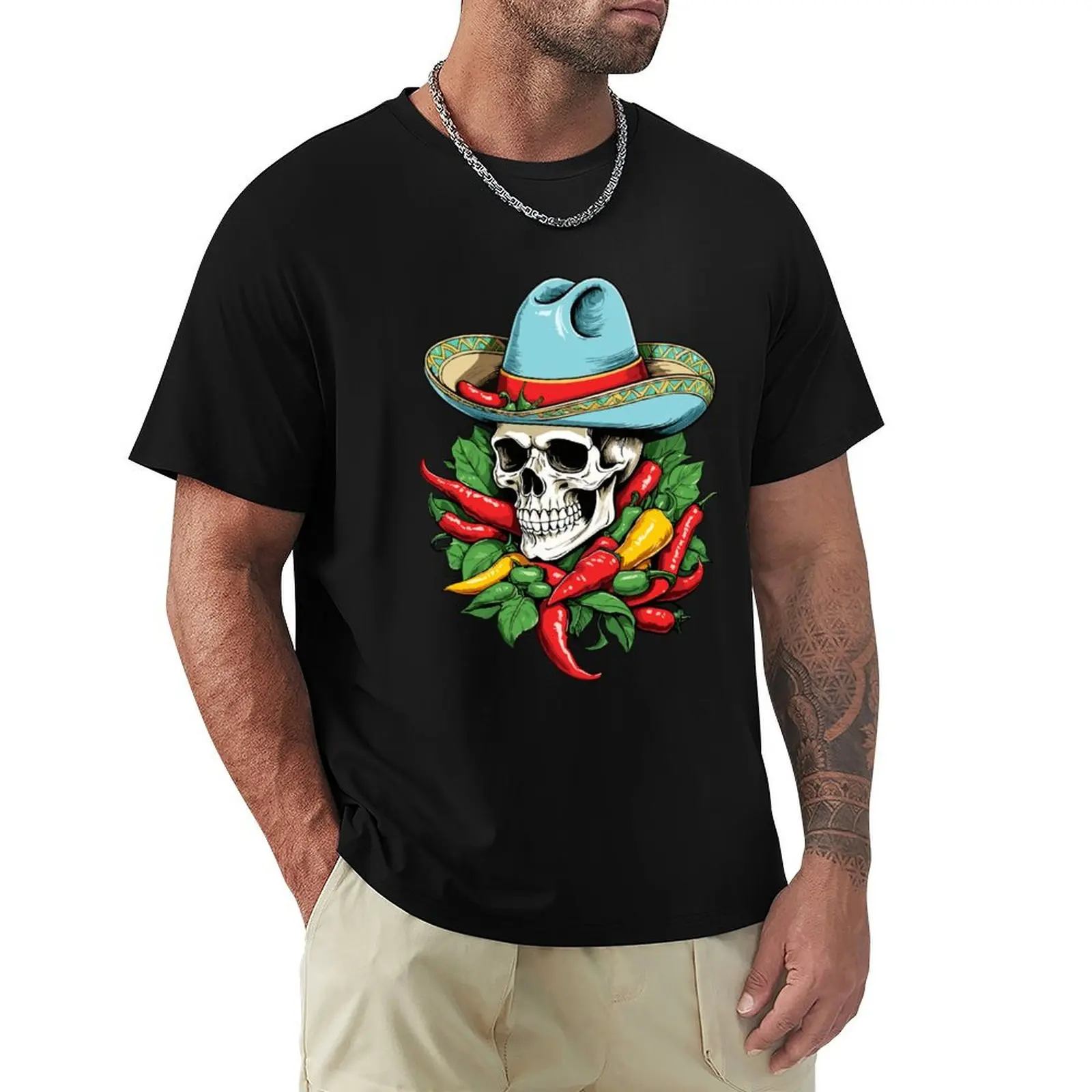 Aesthetic Chili Skull Design Mexican Style T-Shirt Casual Minimalist Short Sleeve Top
