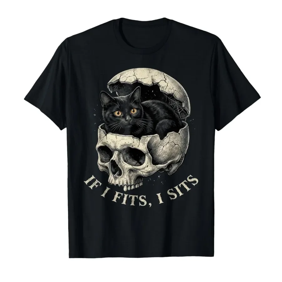 If It Fits I Sit Black Cat Gothic Skull and Cat Lover Humor T-shirt For Men Women 100% Cotton T Shirts Short Sleeve Tops 0417-2