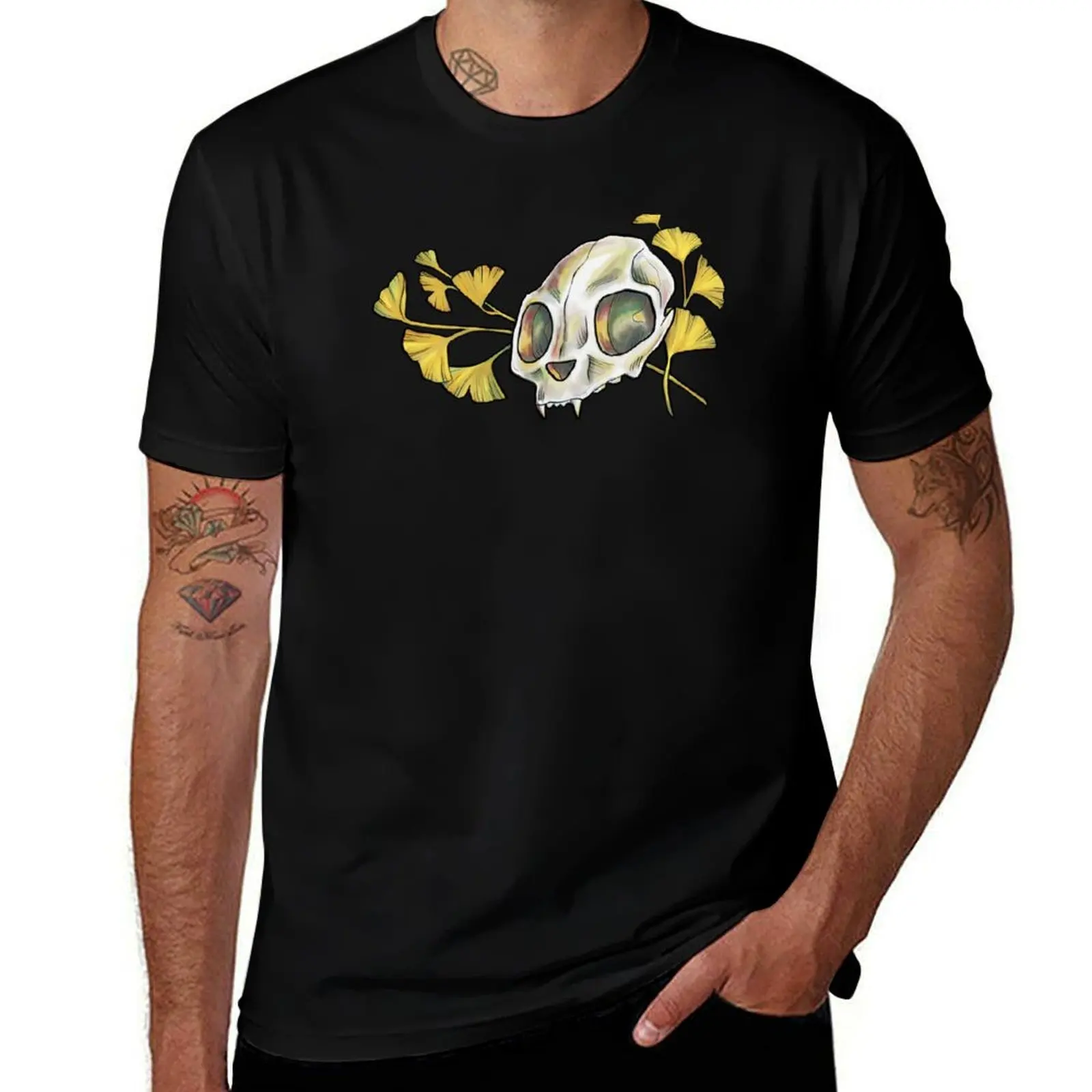Ginkgo Biloba Cat Skull T-Shirt Daily Casual Short Sleeve Tee Shirt T-Shirt