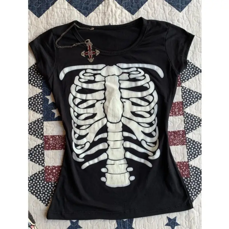 Punk Skull T-shirt Women Slim Gothic Street Vintage Black Tops Dark Chic T Shirts Femme Y2K Clothing Top 2000s Short Sleeve Tees