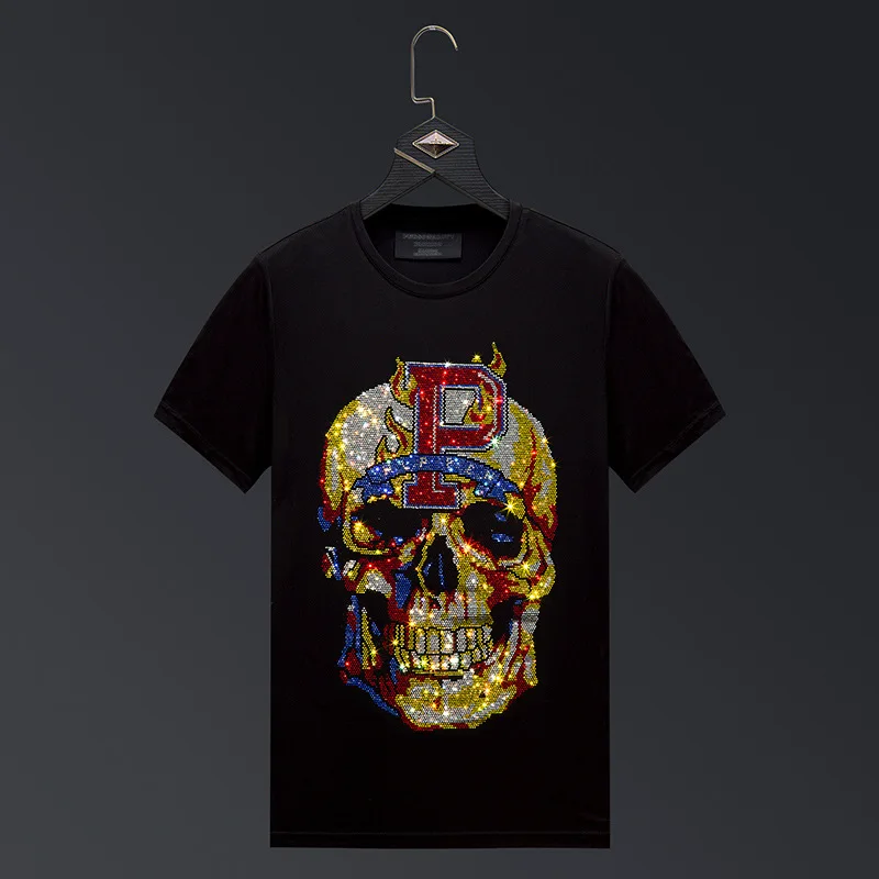 2025 Summer Rhinestones Skull T Shirts Men Fashion Streetwear O Neck Short Sleeve Slim Mercerized Cotton Tshirts Plus Size 6XL