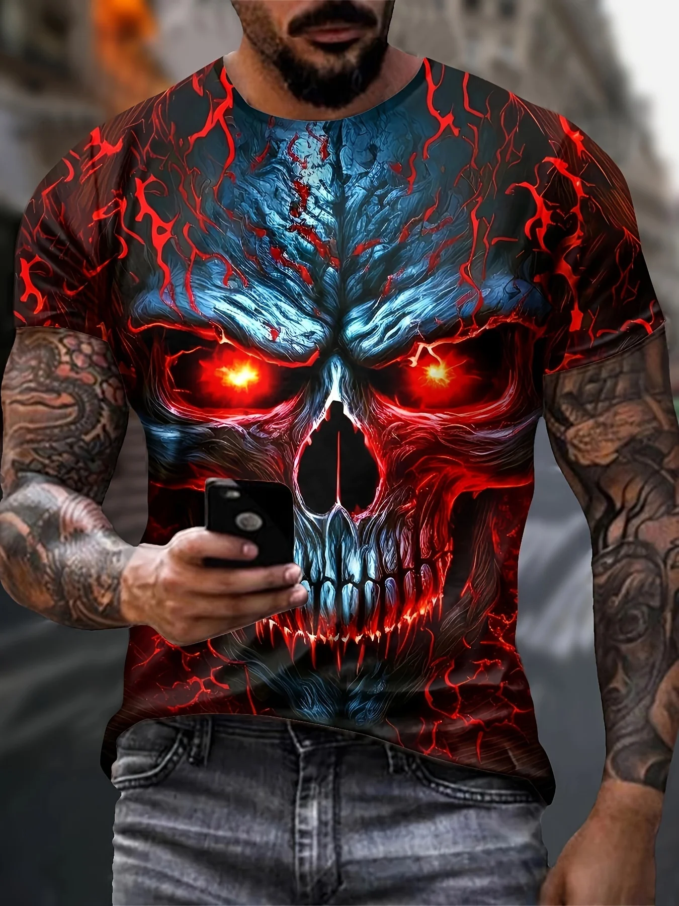 Men's Horror Skull Print T-Shirt 3D Print Vintage O-Neck Short Sleeve Fashion T-Shirts Men's Summer Street Clothing