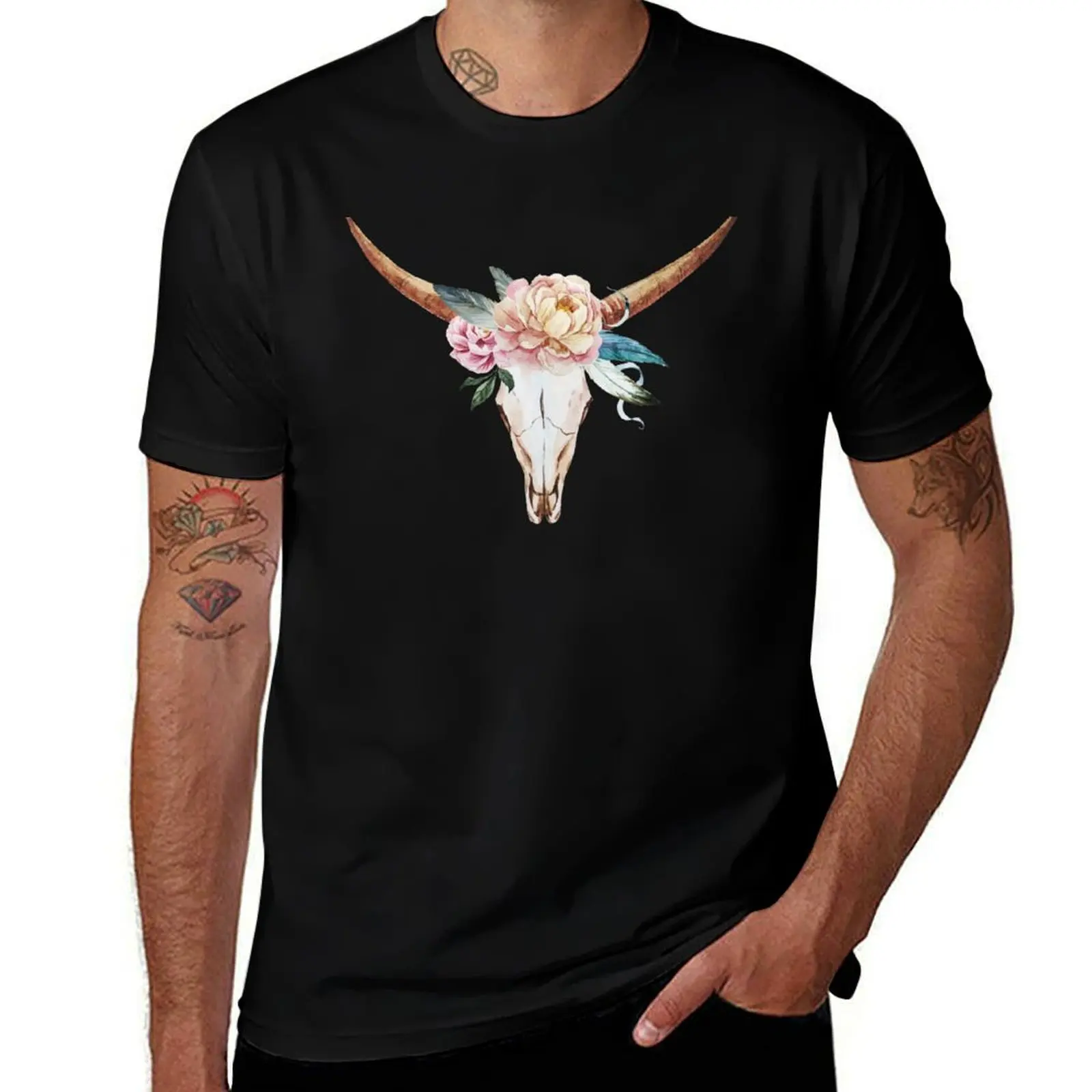 Skull with watercolour flowers T-Shirt Independence Day Short Sleeve T-Shirt