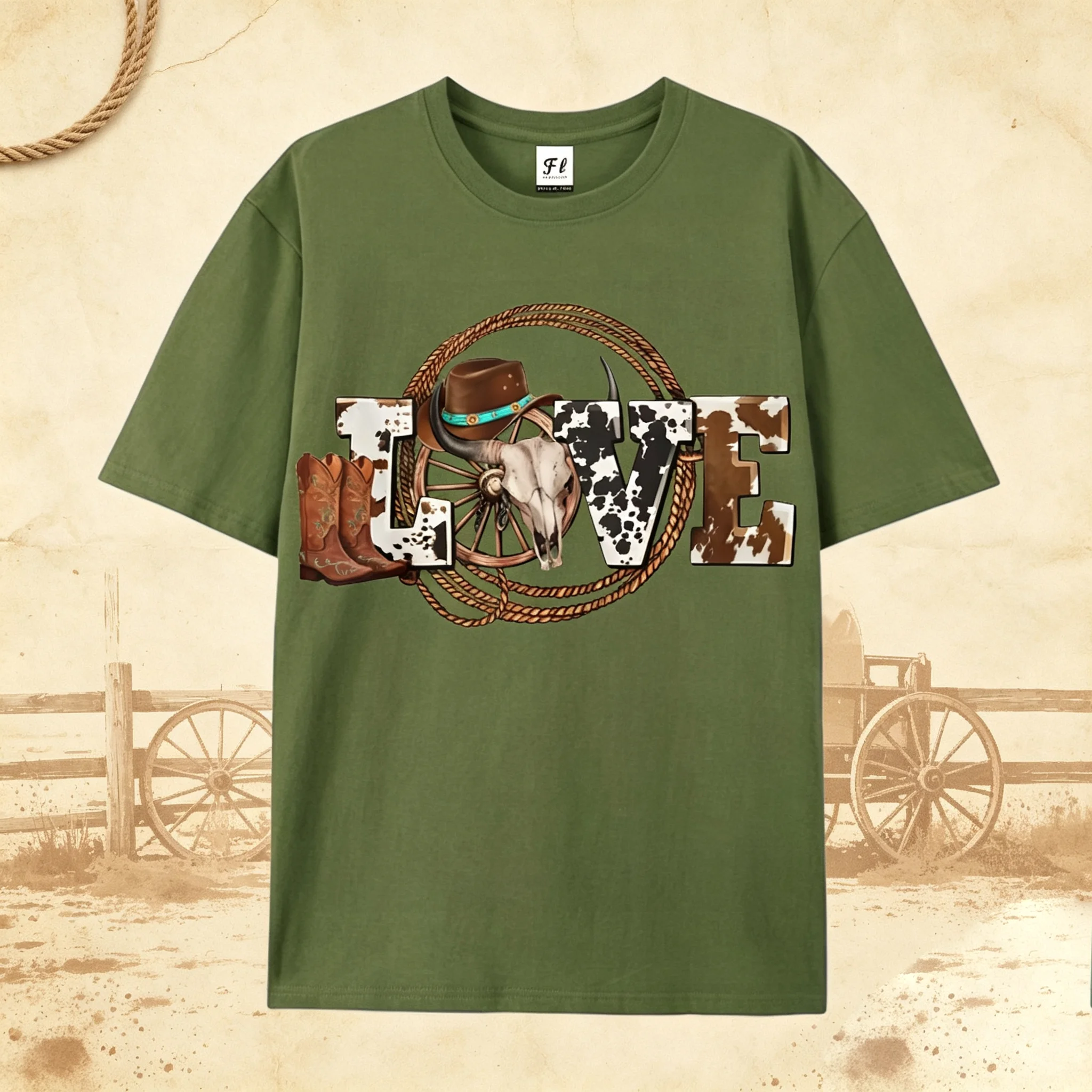 Western Cowboy LOVE Graphic T-Shirt Cow Skull Hat Boots Print Women Short Sleeve Loose Casual Country Streetwear Tops