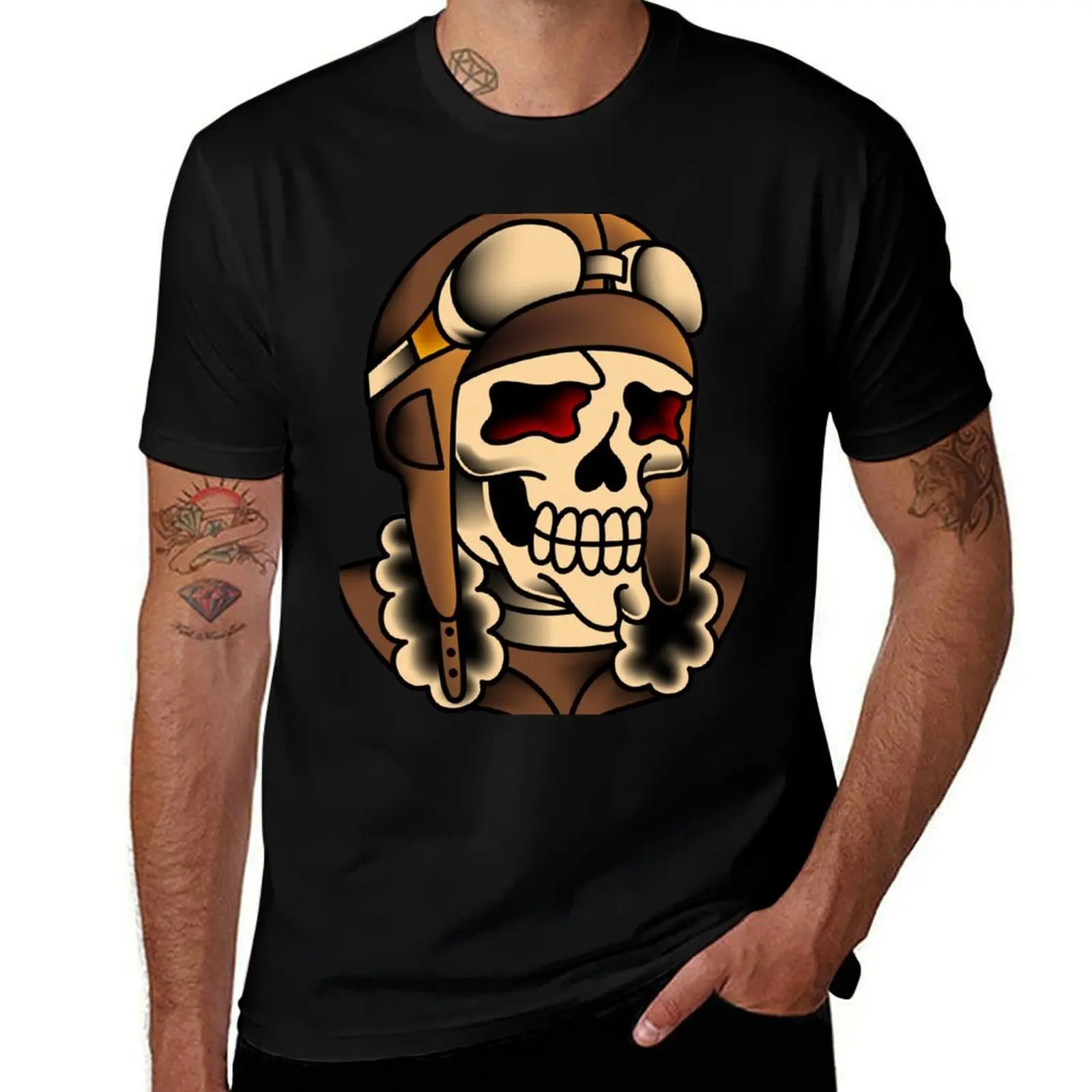 Salty-Dog American Traditional Pilot Skull T-Shirt Work Utility Short Sleeve Shirt T-Shirt