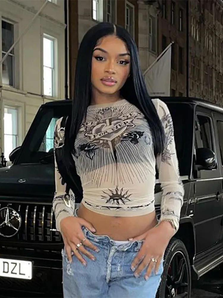 Graphic T Shirt Women Grunge Clothes Long Sleeve Y2k Top Mesh See Through Camisetas Sexy Tshirt Streetwear Slimfit Ropa De Mujer