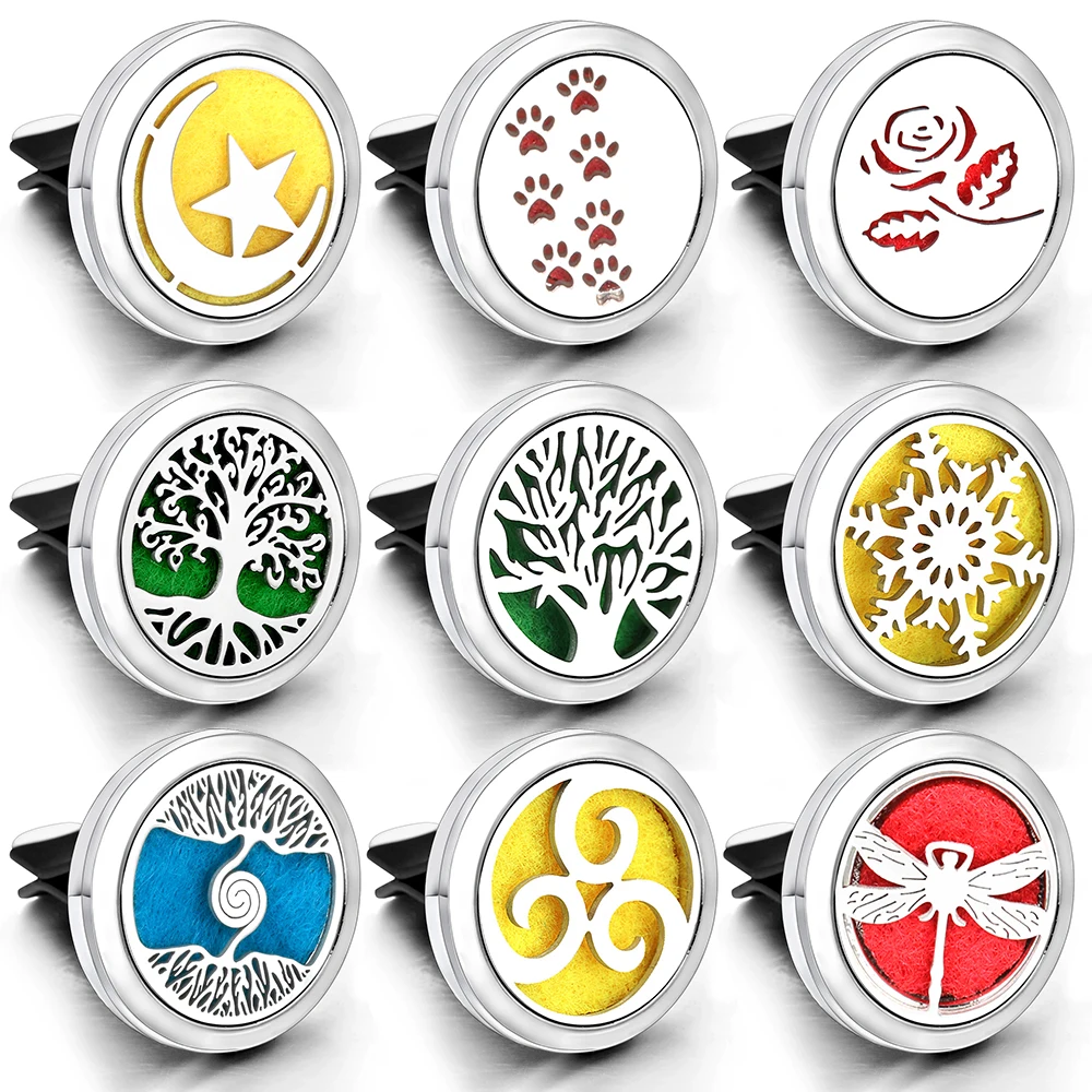 New Tree of Life Car Aromatherapy Diffuser Stainless Steel 30mm Magnetic Perfume Lockets Car Air Freshener Vent Clip + 1pcs Pad