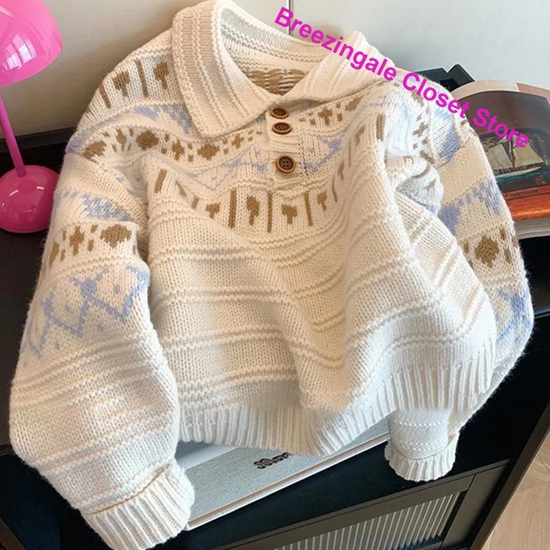 French retro white soft waxy jacquard sweater women's autumn and winter fashion giant beautiful polo lapel sweater casual top.