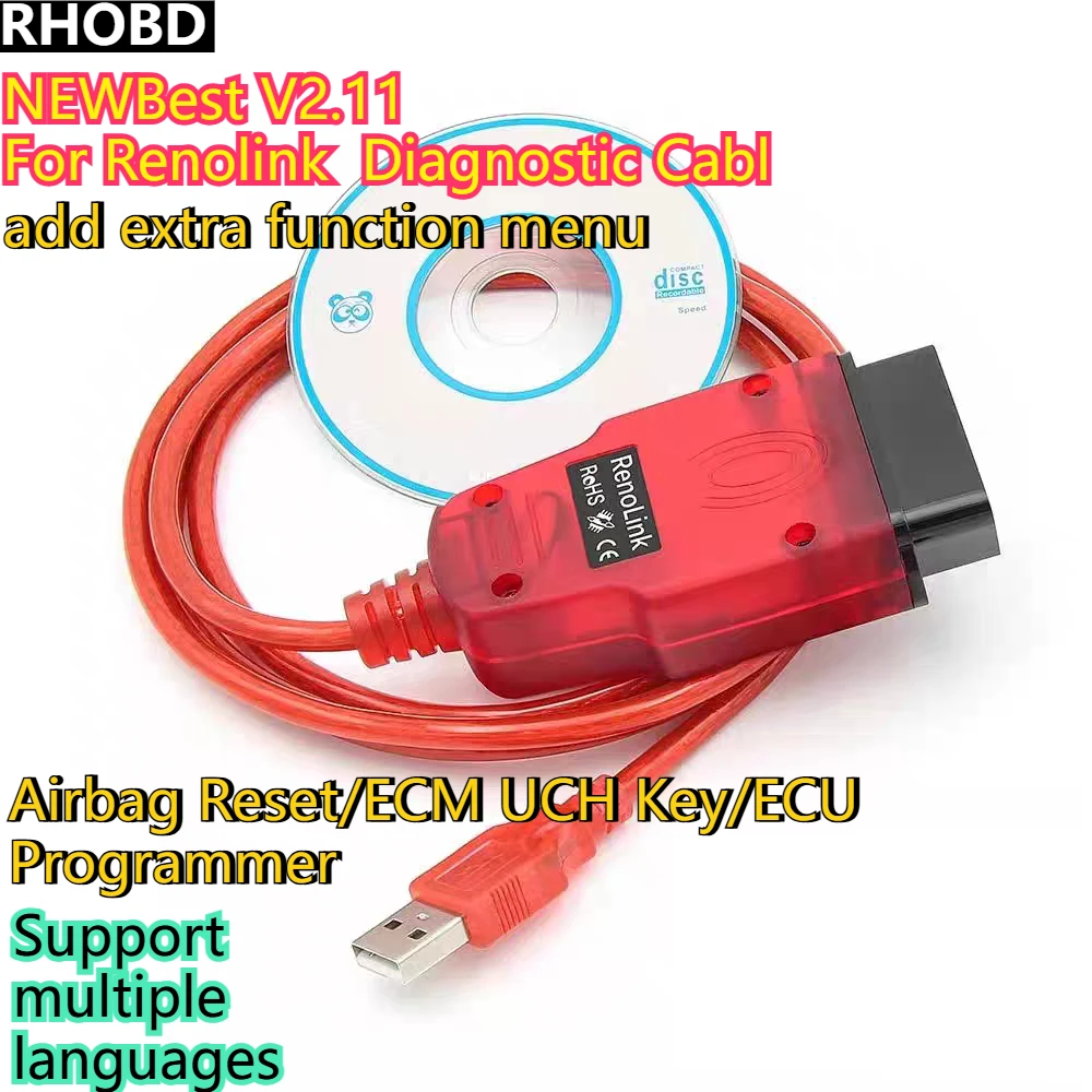 NEWBest V2.11 For Renolink OBD2 Car Diagnostic Cabl ECU Programmer Multilingual Air-bag Reset ECM UCH Key Coding Auto Tools