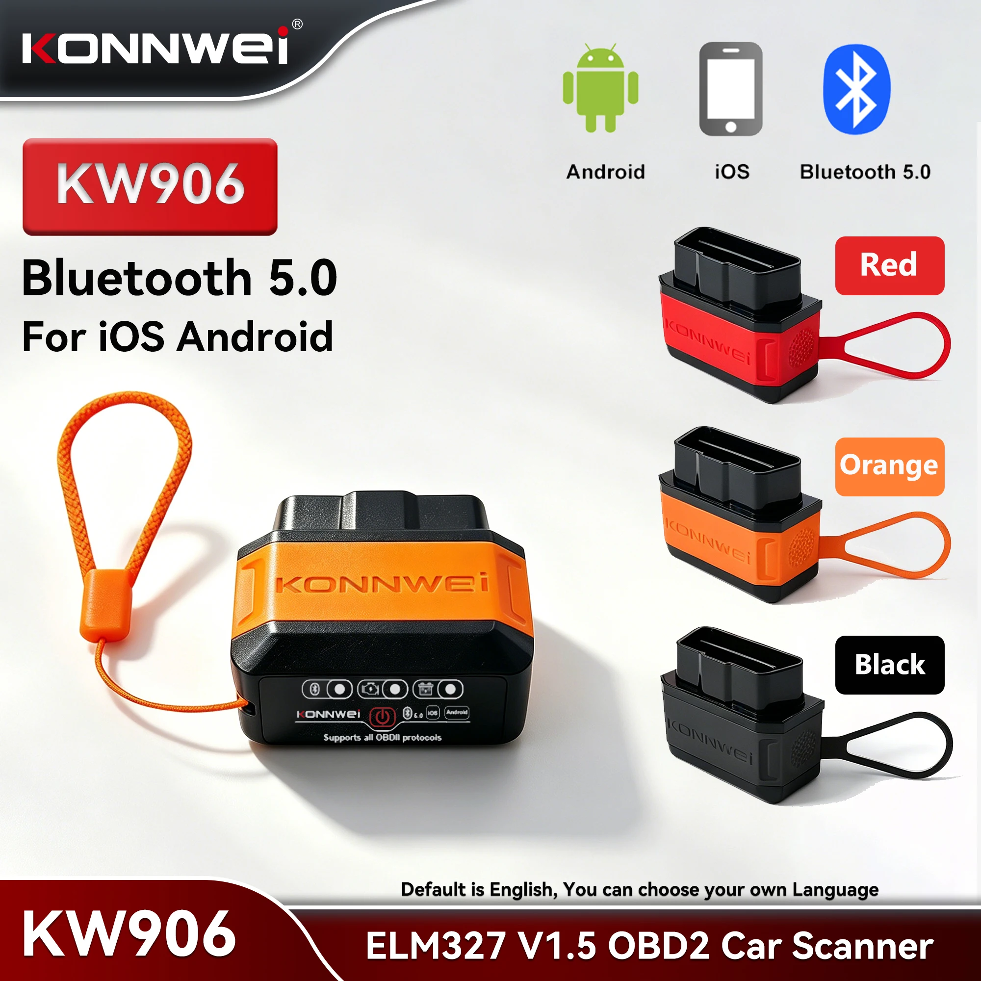 KONNWEI KW906 ELM327 V1.5 OBD2 Car Fault Scanners Bluetooth 5.0 OBDII Diagnostic Tool for Android/IOS Read Erase Codes Reader