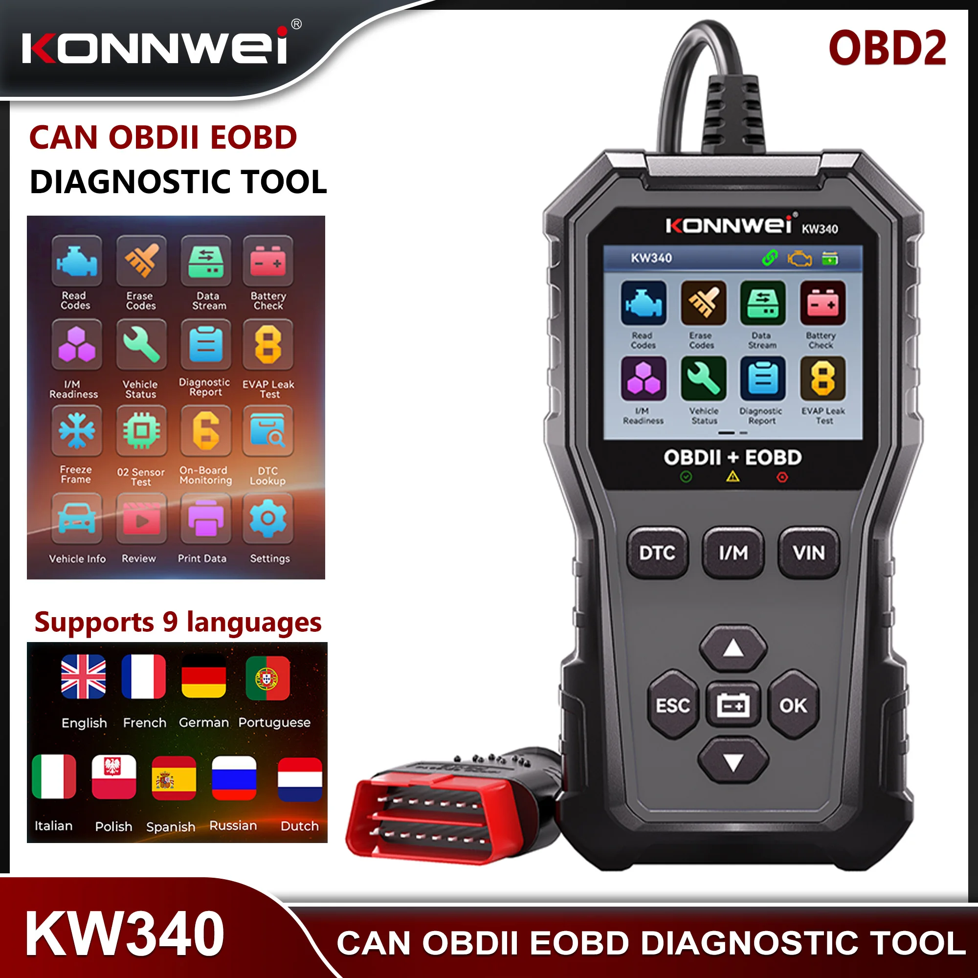 2026 KONNWEI KW340 High-end Car OBD2 Diagnostic Tool Engine Battery Test Clear Read Fault Code Real-Time Data Car Scanner Black