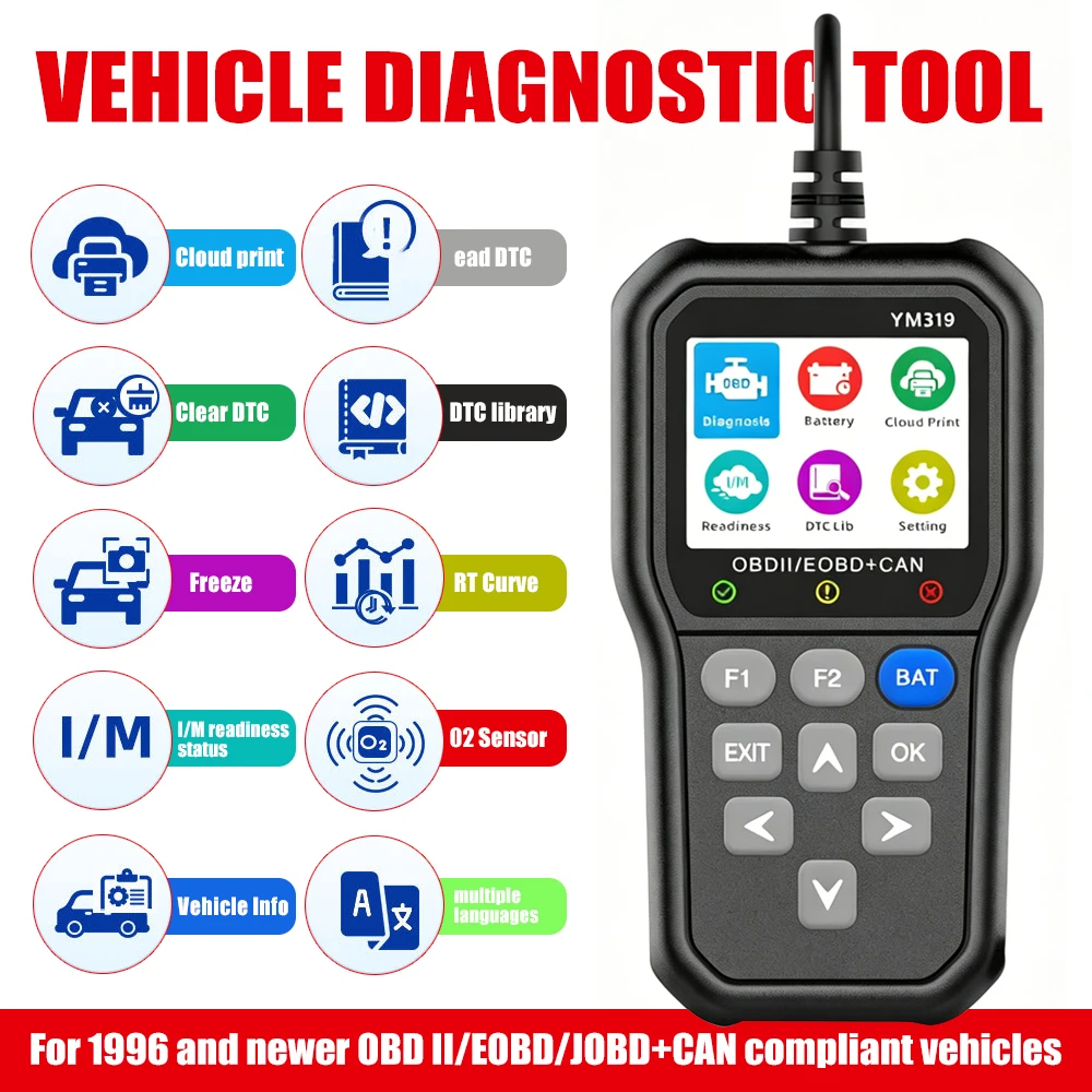 YM319 OBD2 Scanner Diagnostic Tool for All Cars & Trucks OBD Auto Diagnostic Scanner for Detecting & Clearing Engine Fault Codes