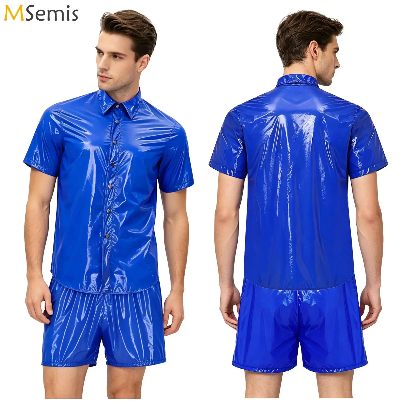 Mens Waterproof Tracksuit Sports Two Piecs Outfits Front Button Lapel T-shirt And Built-in Briefs Boxer Shorts Swimwear Set