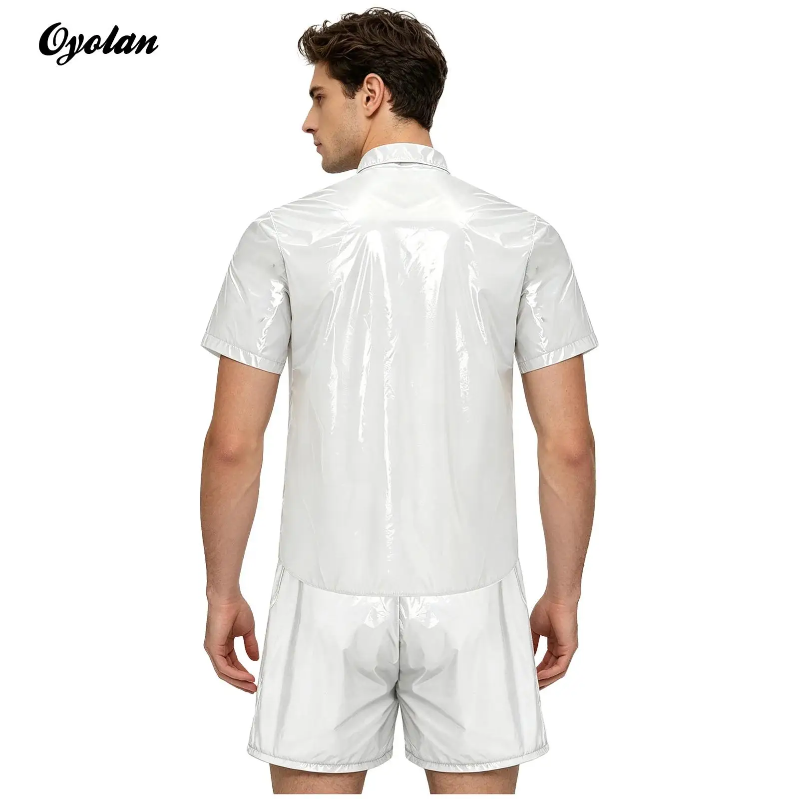 Mens Waterproof Two Pieces Tracksuit Sports Outfits Front Button Lapel T-shirt And Built-in Briefs Boxer Shorts Swimwear Set