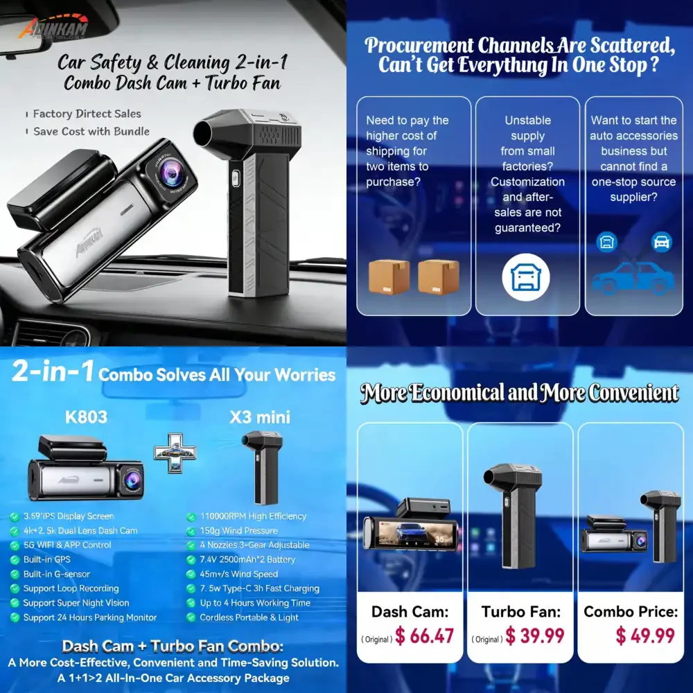 2-in-1 Combo Set 4K + 2.5K Dash Cam with 5G WiFi and Turbo Fan 110000RPM for Portable Car Cleaning