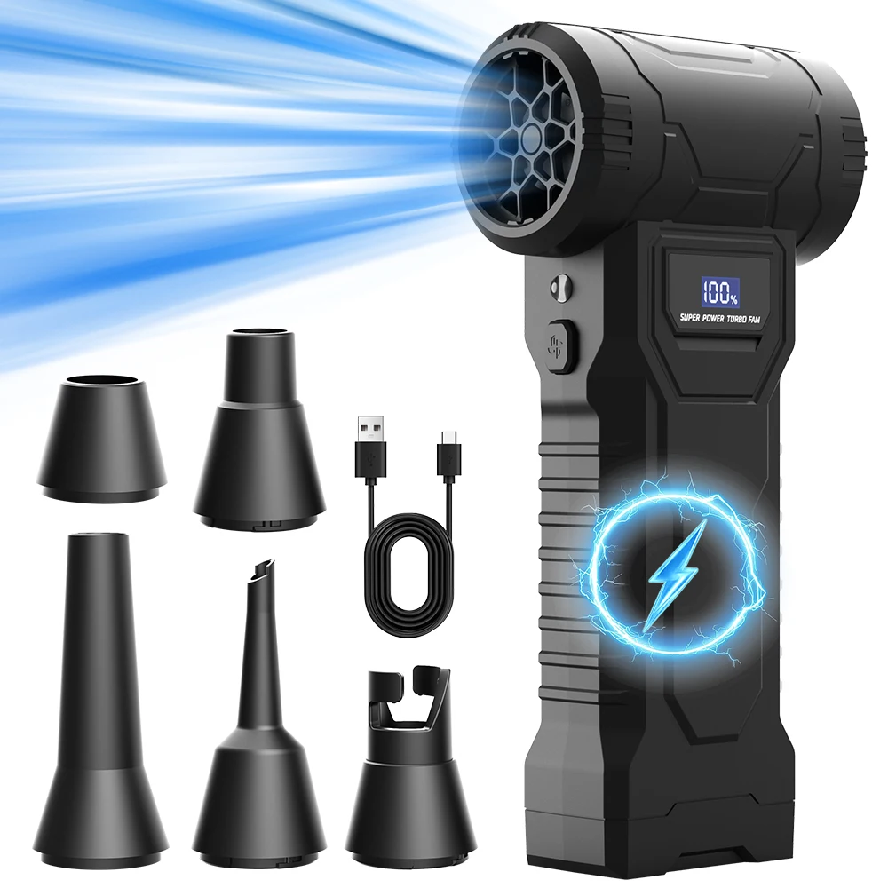 Handheld Turbo Air Duster, 110000RPM High Speed Rechargeable Blower, 4 Speed Adjustable with LED Display & LED Light, 5 Nozzles