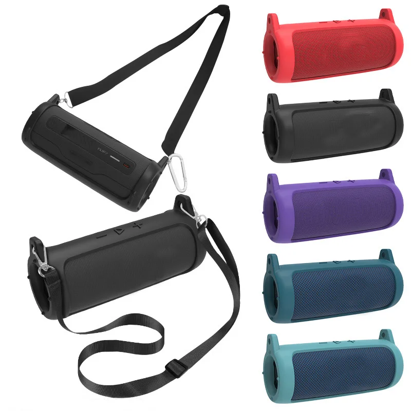 Silicone Case Cover for JBL FLIP 7 Bluetooth-compatible Speaker, Travel Carrying Protective with Shoulder Strap and Carabiner
