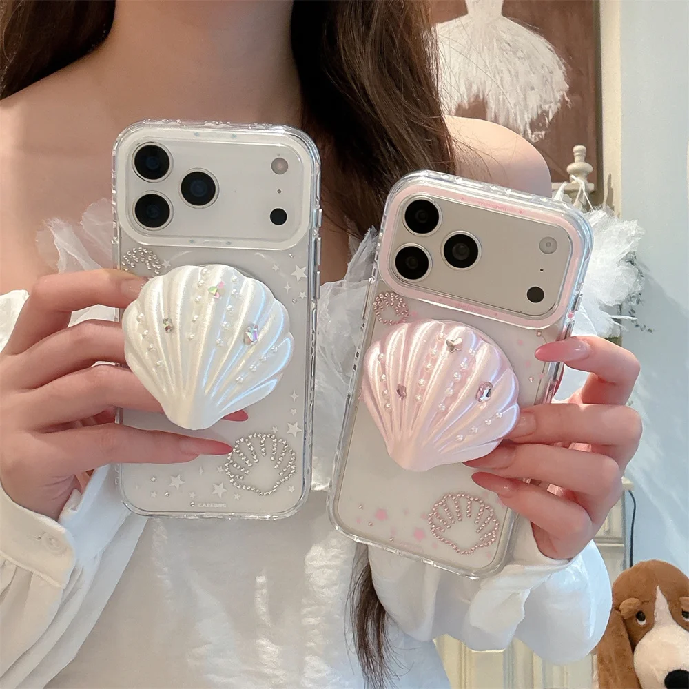 Luxury Diamond Shell Magnetic Phone case for iPhone 17 16 15 14 13 16 Pro Max 17 Pro Cover with Magsafe 3D Holder Fashion Cases