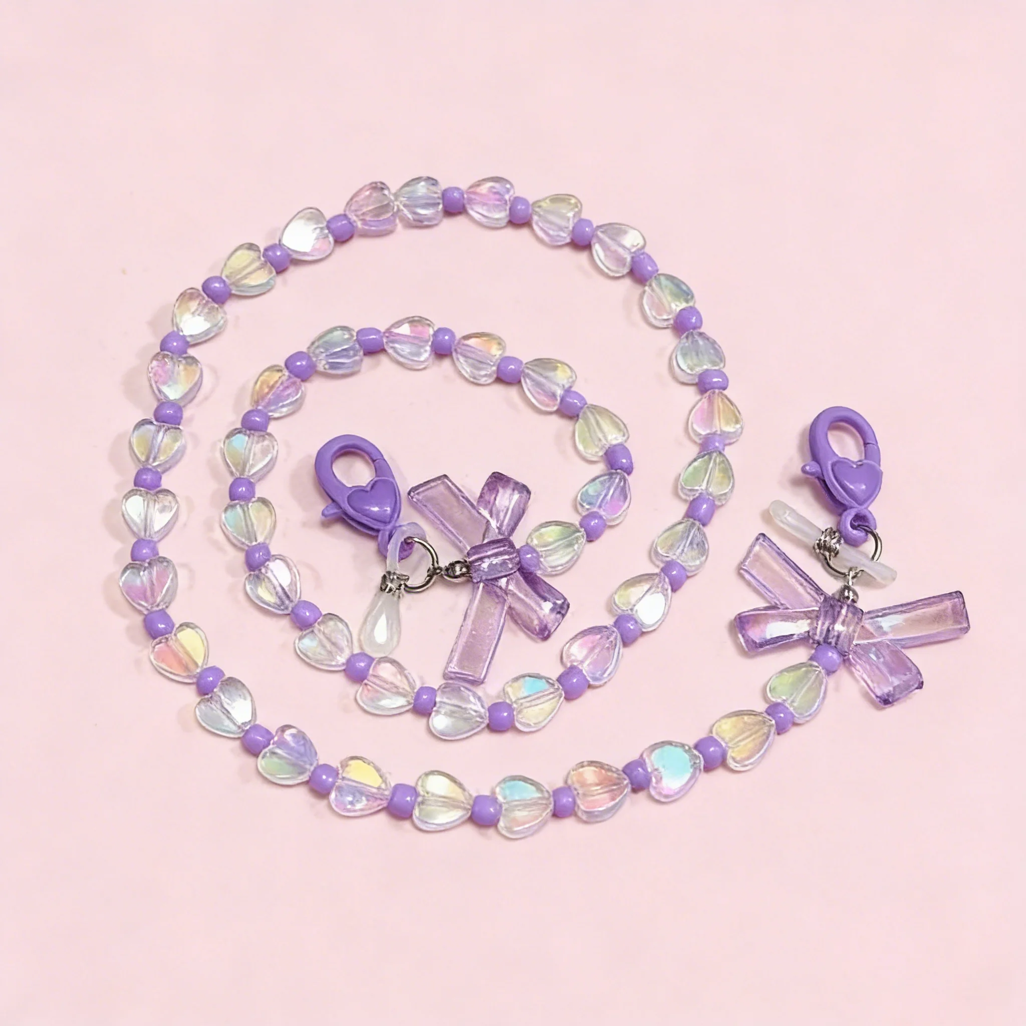 Purple peach heart handmade bead glasses chain short multi-functional hat, headphone, mask hanging neck, anti slip and anti loss