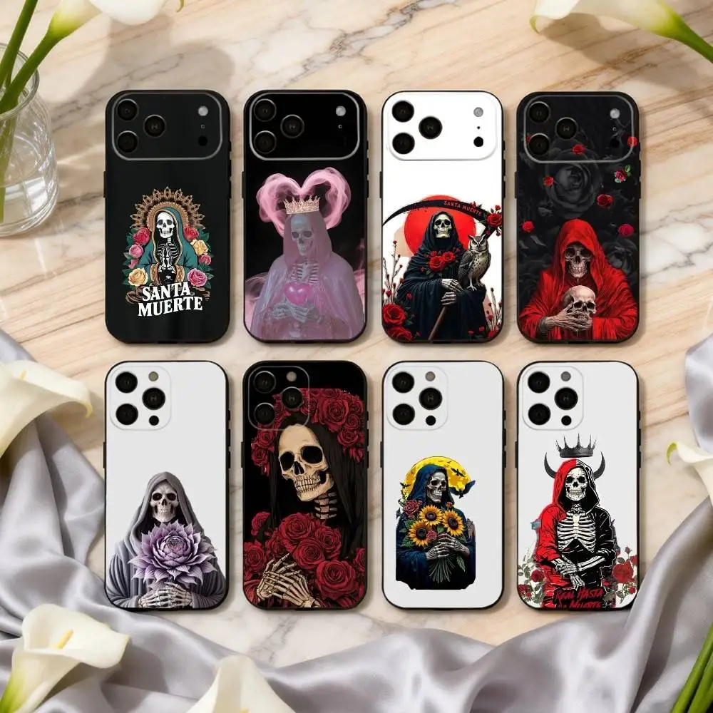 S-Santa M-Muerte P-print Phone Case For iPhone 17,16,15,14,13,12,11 Plus,Pro Max,XS,Soft Silicone Black Cover