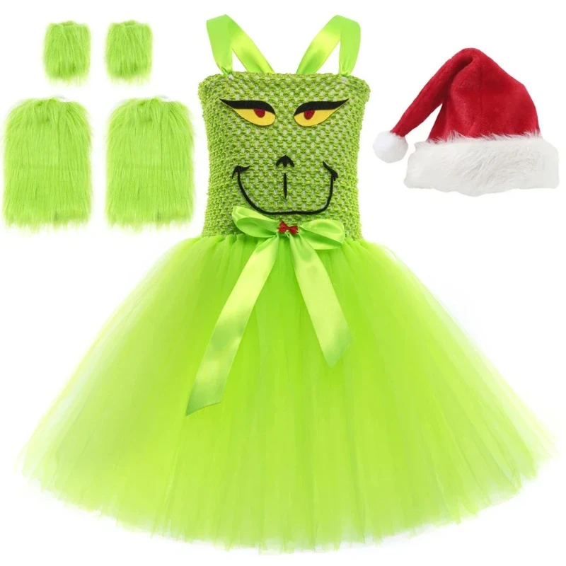 Green Santa Claus Grinch Costumes Girls Christmas Lined Tutu Dress for Kids Xmas Holiday Ballet Tutus Children Carnival Outfits1