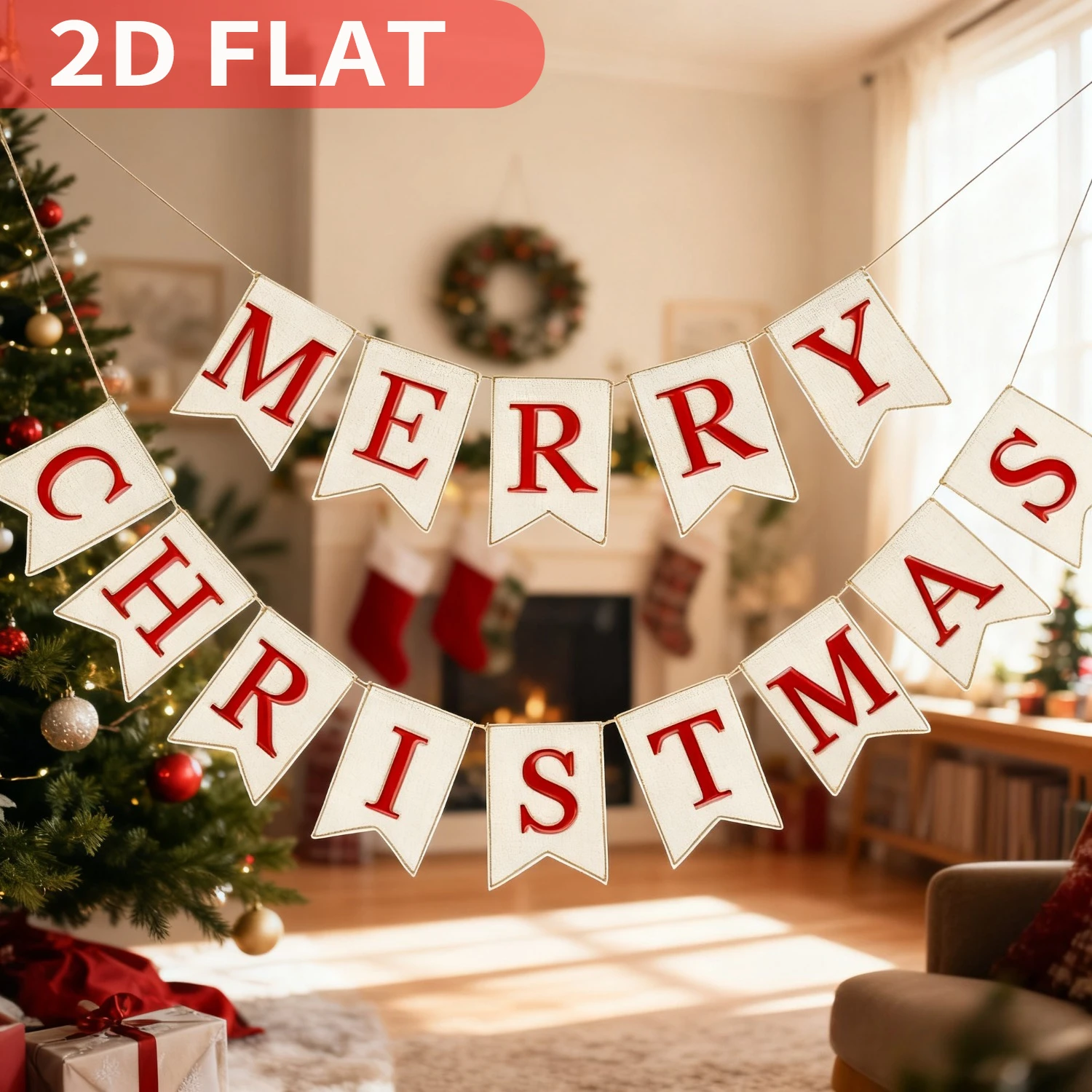 14pcs Christmas polyester Party supplies, Merry Christmas Banner, Pre-Assembled White Red Xmas Bunting Garland Celebration