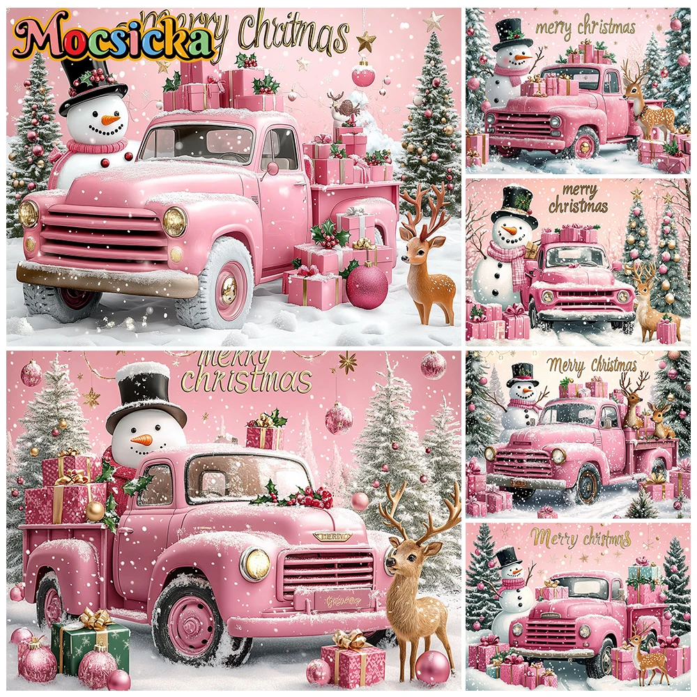 Mocsicka Pink Christmas Decoration Photography Backdrop Vintage Truck Snowman Deer Merry Xmas Family Portrait Photo Studio Props
