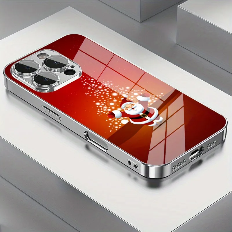 Christmas Santa Claus Snowman Pattern Glass Electroplated Phone Case For iPhone 17 16 15 14 13 12 Pro Max Plus 16E 17 Air Cover