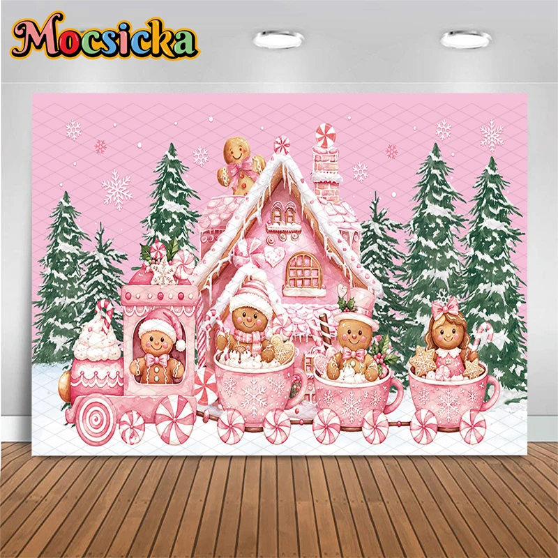 Mocsicka Pink Merry Christmas Photography Backdrop Truck Snowman Reindeer Xmas Gifts Tree Background Kids Portrait Party Decors
